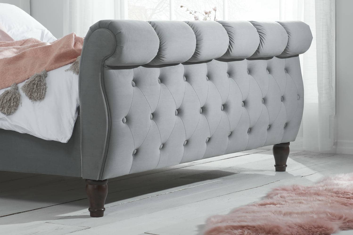 Colorado - Grey Velvet Fabric Sleigh Bed Frame - Bickfords