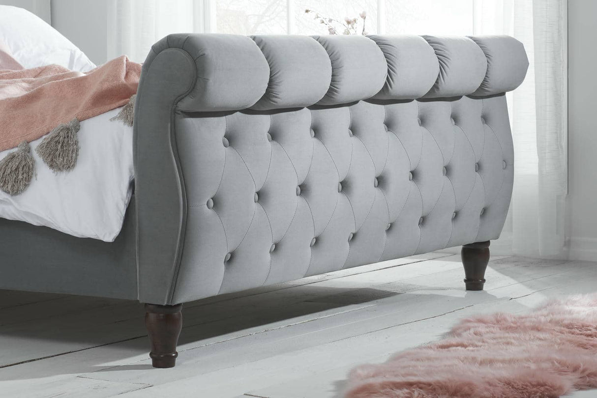 Colorado - Grey Velvet Fabric Sleigh Bed Frame - Bickfords
