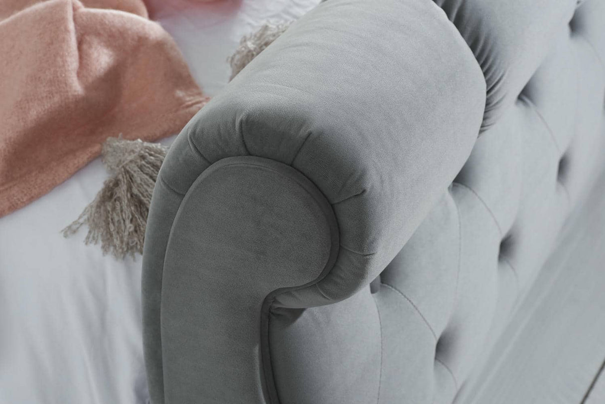 Colorado - Grey Velvet Fabric Sleigh Bed Frame - Bickfords