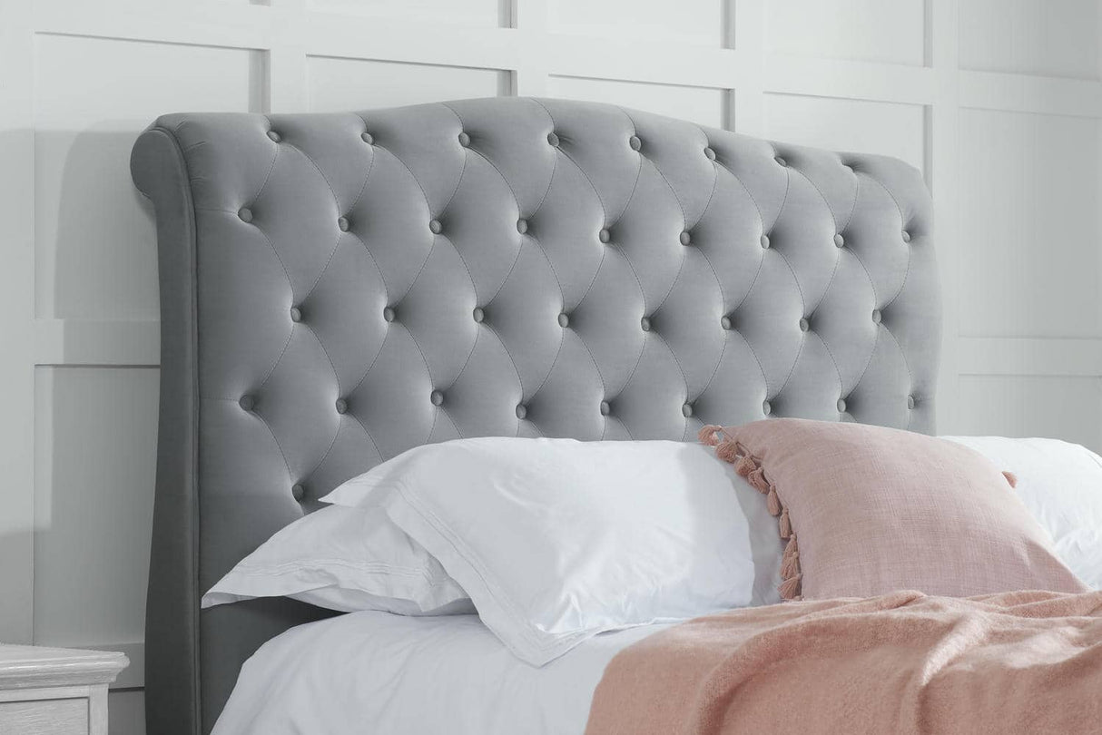 Colorado - Grey Velvet Fabric Sleigh Bed Frame - Bickfords