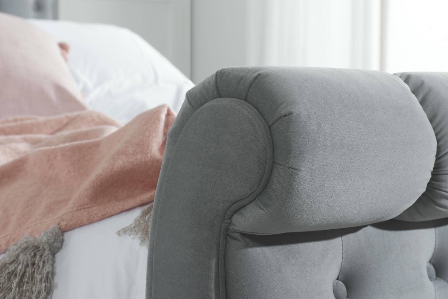 Colorado - Grey Velvet Fabric Sleigh Bed Frame - Bickfords