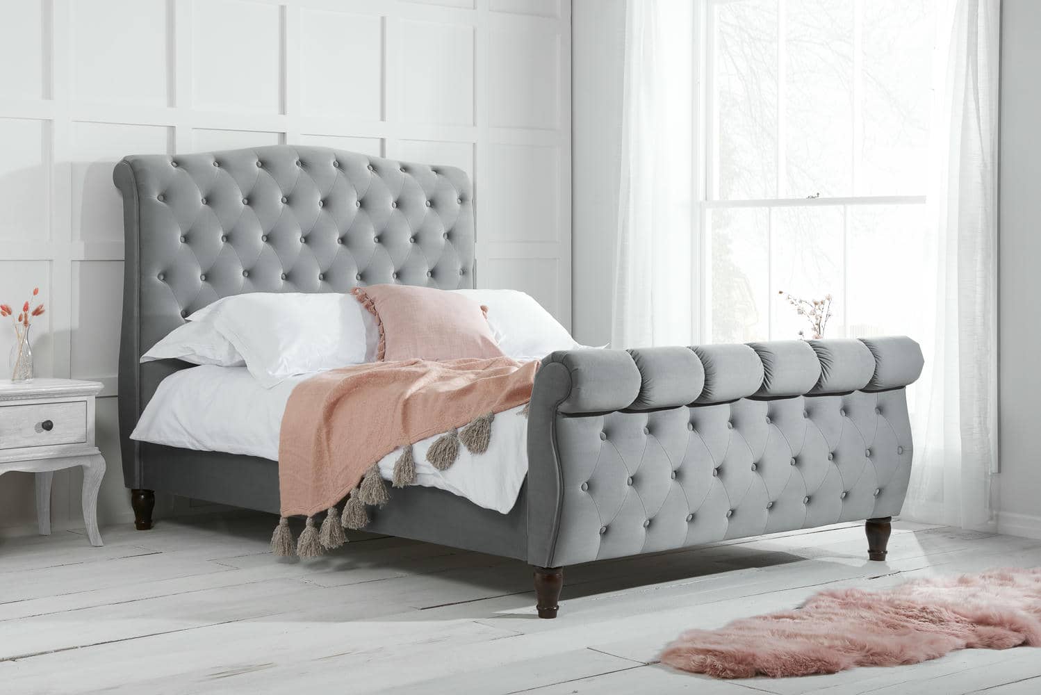 Colorado - Grey Velvet Fabric Sleigh Bed Frame - Bickfords