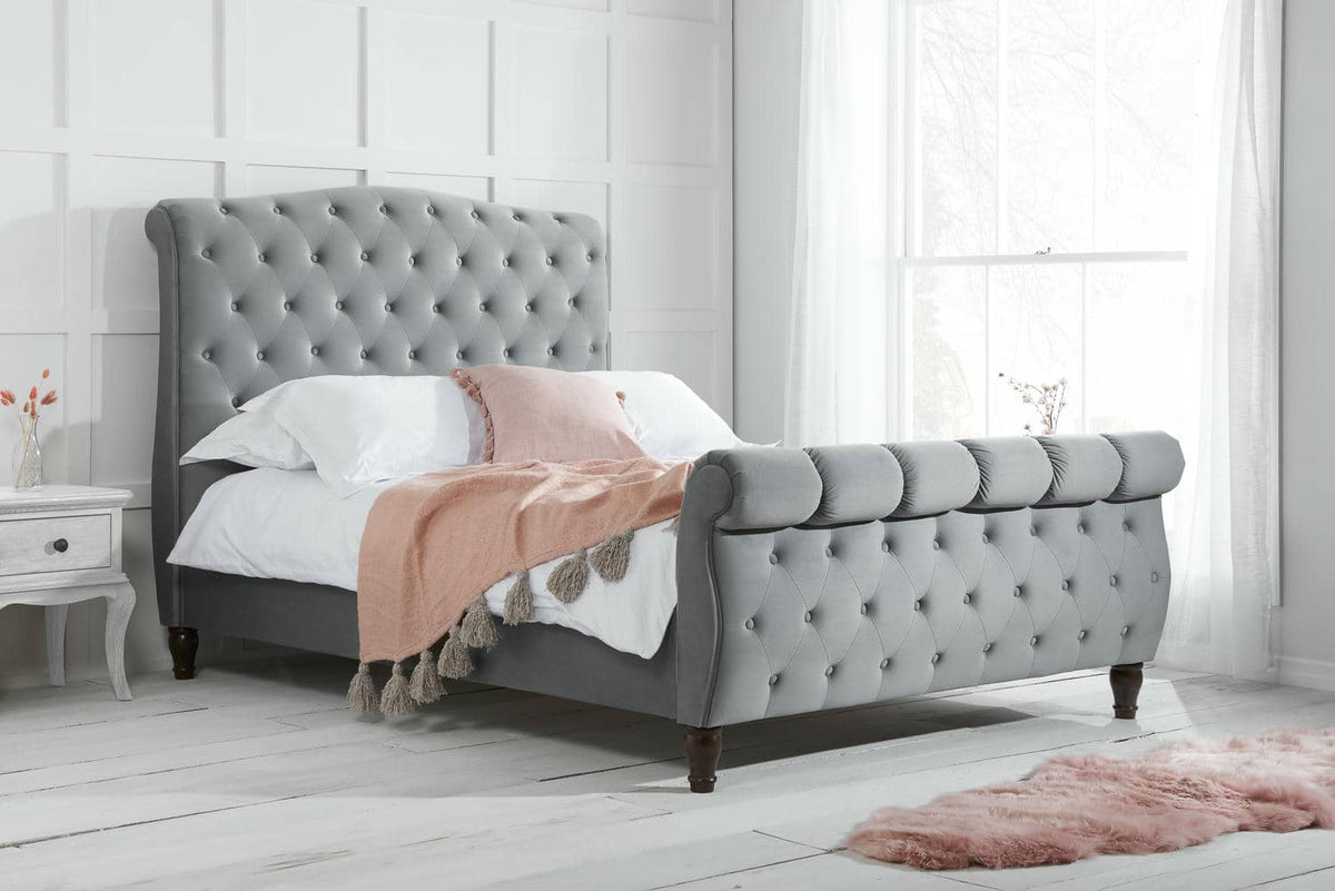 Colorado - Grey Velvet Fabric Sleigh Bed Frame - Bickfords